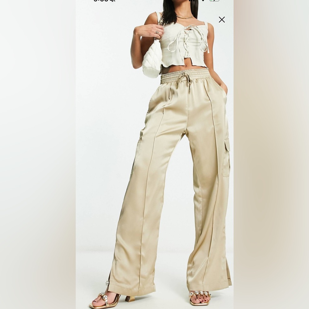 ASOS Champagne Satin Wide Leg Cargo Pants with Relaxed Fit